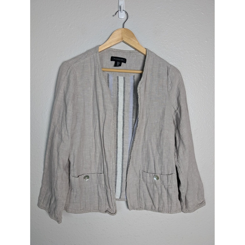 Tahari Womens Jacket Size M Beige Linen Blend‎ Chambray Lightweight Button Open